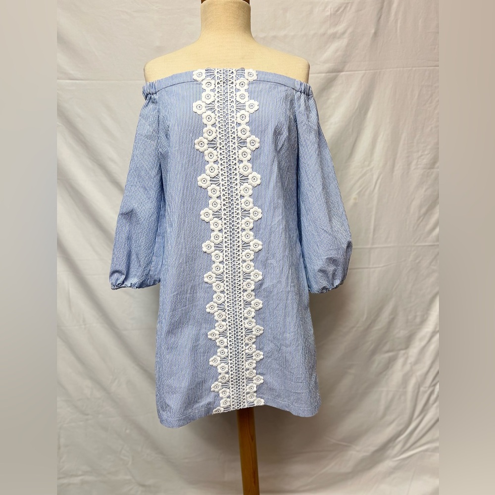 Eliza J Light Blue Off-Shoulder Dress with White Lace Panel